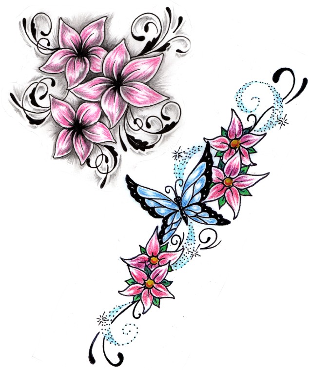 Butterfly And Vine Flowers Tattoos Designs
