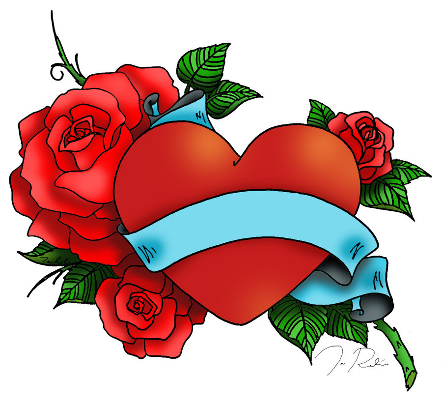 Red Roses Heart Tattoo Design With Blue Banner | Tattoobite.com